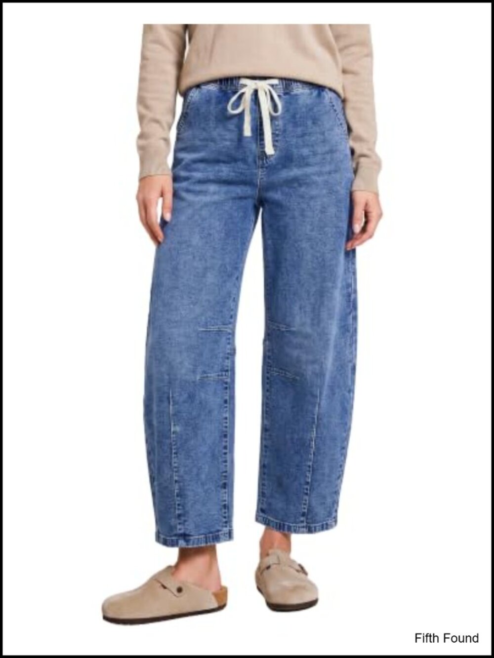 High Waisted Barrel Jeans Pull On Drawstring Crop Denim Pants